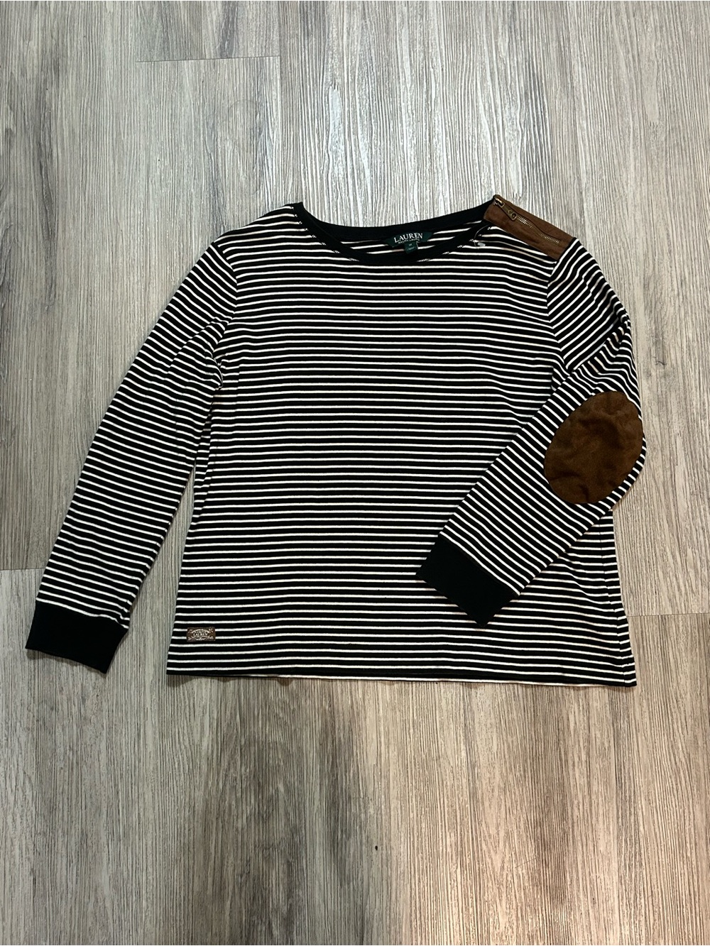 Lauren Ralph Lauren Striped Crewneck with Brown Elbow Patches - Picture 5 of 10